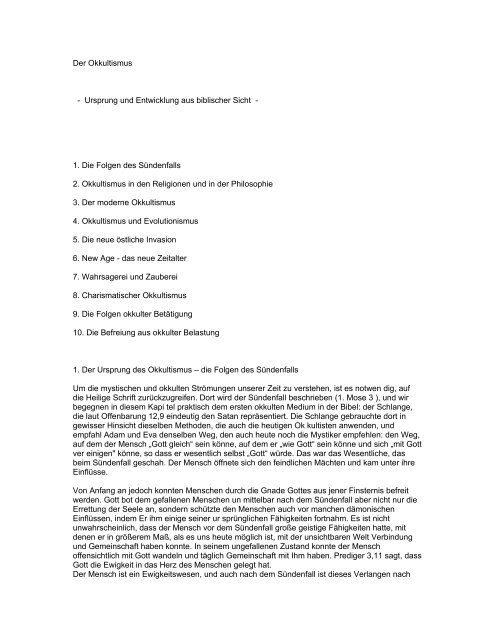 Der Okkultismus - Ursprung und Entwicklung aus biblischer Sicht - 1 ...