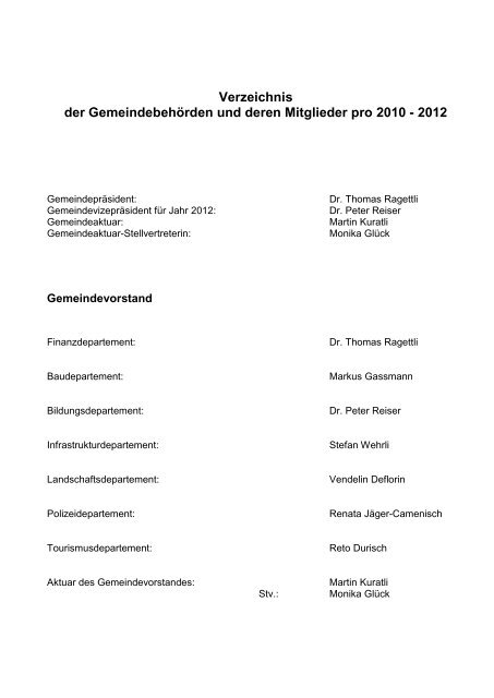 Verzeichnis Der Gemeindebehorden Und Deren Gemeinde Flims