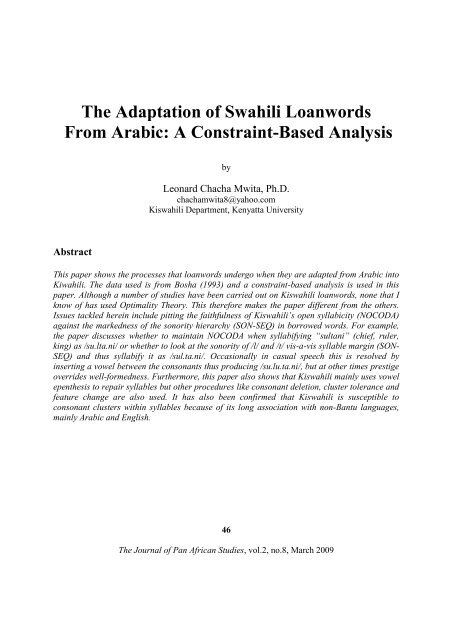 The Adaptation of Swahili Loanwords From Arabic - Journal of Pan ...