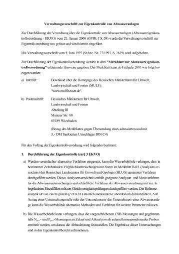 Verwaltungsvorschrift zur Eigenkontrolle von Abwasseranlagen Zur ...