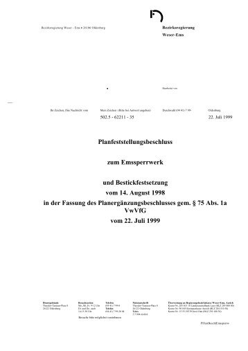 Bezirksregierung Weser-Ems Planfeststellungsbeschluss vom 22.7 ...