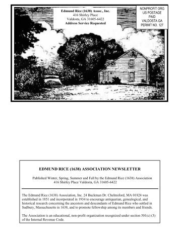 EDMUND RICE (1638) ASSOCIATION NEWSLETTER