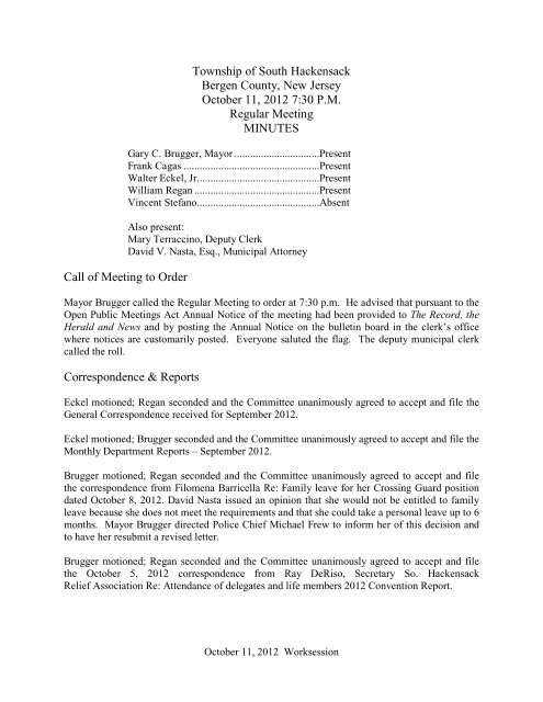 Township of South Hackensack Bergen County, New Jersey