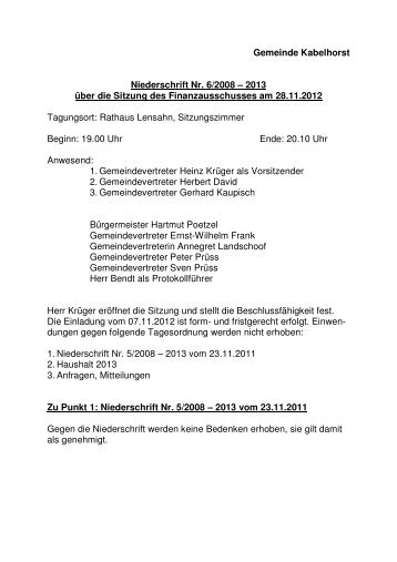 Protokoll zur Sitzung des Finanzausschusses am 28.11 ... - Lensahn