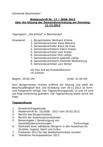 Protokoll zur Sitzung der Gemeindevertretung am 11.12.12 - Lensahn