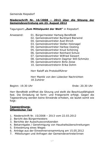Protokoll zur Sitzung der Gemeindevertretung am 23.08 ... - Lensahn