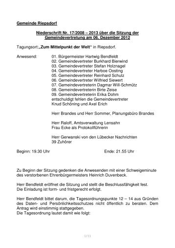 Protokoll zur Sitzung der Gemeindevertretung am 06.12.12 - Lensahn