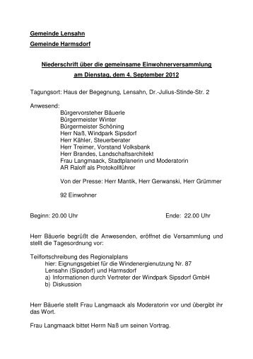 Protokoll zur Einwohnerversammlung am 04.09.2012 - Lensahn
