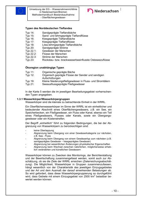 Methodenhandbuch zur Bestandsaufnahme Oberflächengewässer