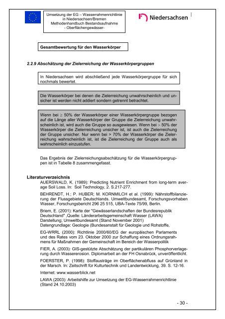 Methodenhandbuch zur Bestandsaufnahme Oberflächengewässer