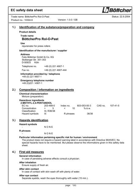 EC safety data sheet BöttcherPro Rol-O-Past - Boettcher India