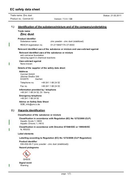 EC safety data sheet Zinc dust - CONMET GmbH