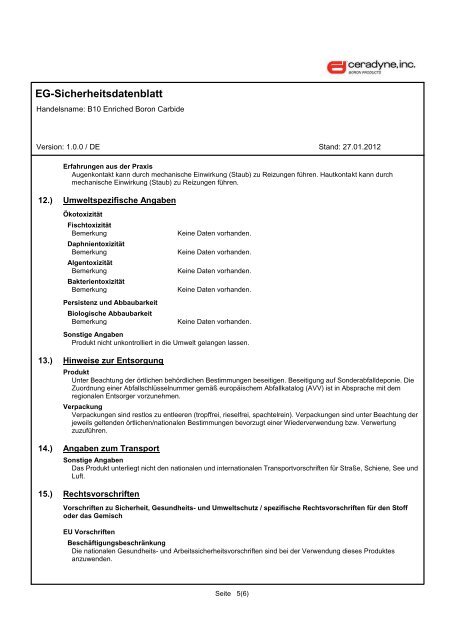 EG-Sicherheitsdatenblatt - Ceradyne Boron Products, LLC