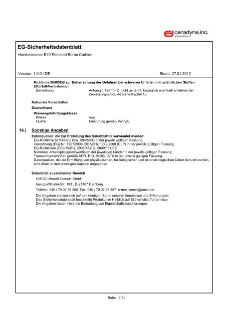 EG-Sicherheitsdatenblatt - Ceradyne Boron Products, LLC