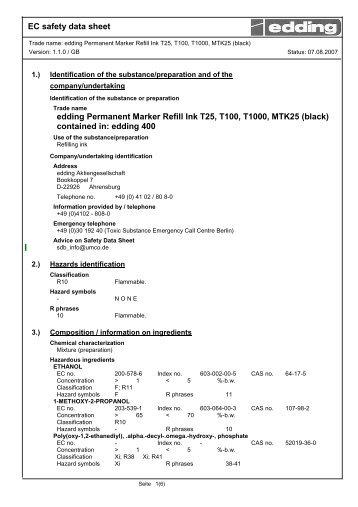 EC safety data sheet edding Permanent Marker Refill Ink T25, T100 ...