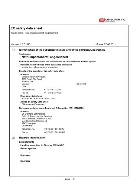 Enriched Sodium Pentaborate - English SDS - Ceradyne Boron ...