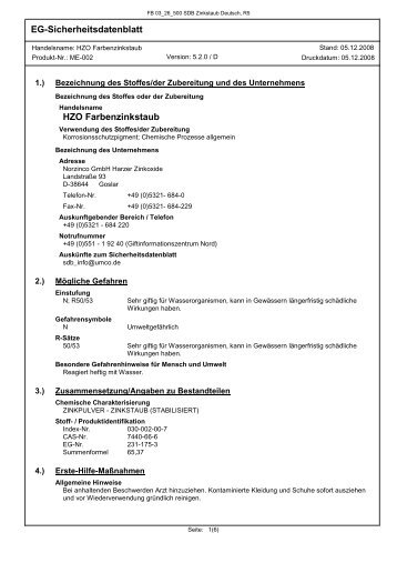 EG-Sicherheitsdatenblatt HZO Farbenzinkstaub - Recylex