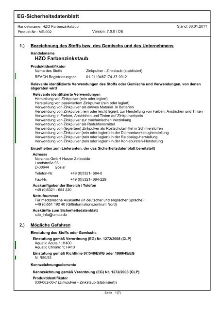 EG-Sicherheitsdatenblatt HZO Farbenzinkstaub - Recylex