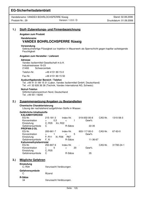 EG-Sicherheitsdatenblatt VANDEX BOHRLOCHSPERRE flüssig