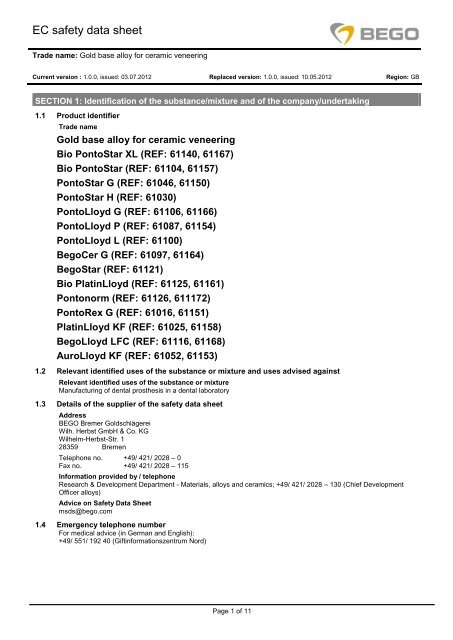 EC safety data sheet - Bego Canada