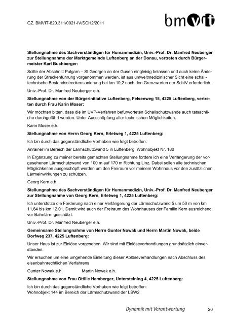 Verfahren Linz Hauptbahnhof bis Summerau: Verhandlungsschrift