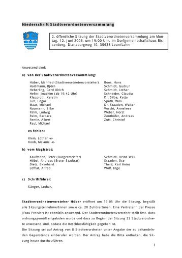 Niederschrift Stadtverordnetenversammlung - Stadt Leun