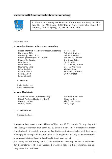Niederschrift Stadtverordnetenversammlung - Stadt Leun