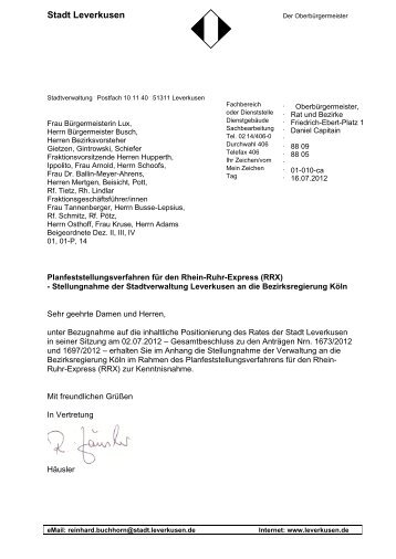 Schreiben an Bezirksregierung - Leverkusen