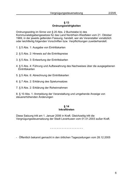 Vergnügungssteuersatzung 2/20/6 Stand 01/07 ... - Stadt Leverkusen