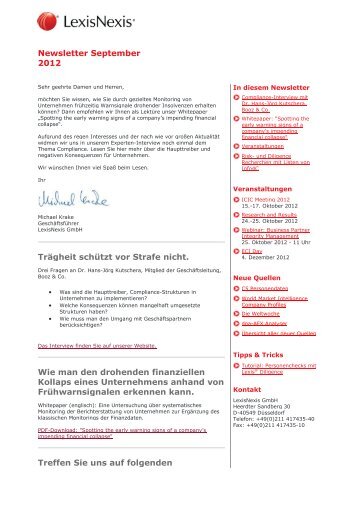 Newsletter September 2012 Trägheit schützt vor ... - LexisNexis GmbH