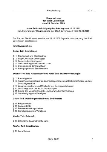 Hauptsatzung 1/01/1 Stand 12/11 1 ... - Stadt Leverkusen