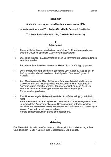Richtlinien Vermietung Sporthallen 4/52/12 ... - Stadt Leverkusen