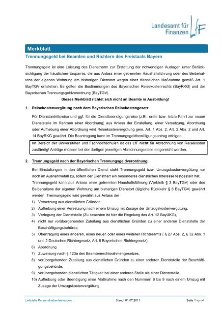 PDF: Merkblatt Trennungsgeld bei Beamten und Richtern des