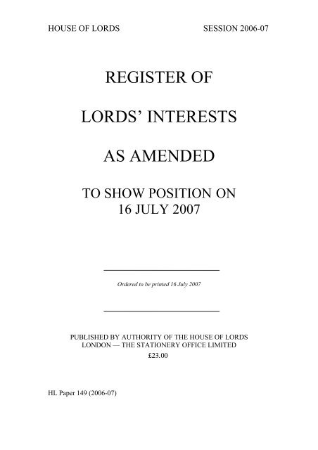 register of lords' interests as amended - United Kingdom Parliament