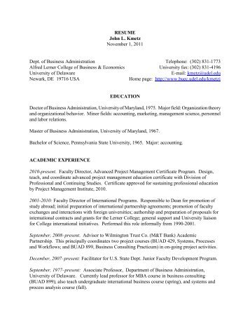 RESUME John L. Kmetz - University of Delaware