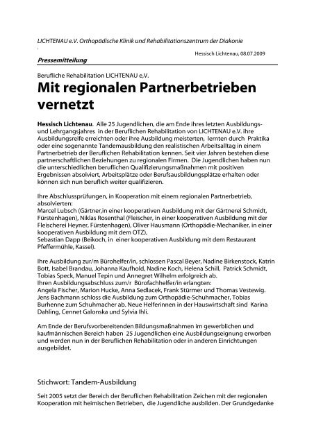 Mit regionalen Partnerbetrieben vernetzt - Lichtenau e.V.