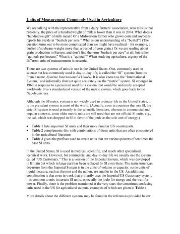 Units of Measurement Commonly Used in Agriculture