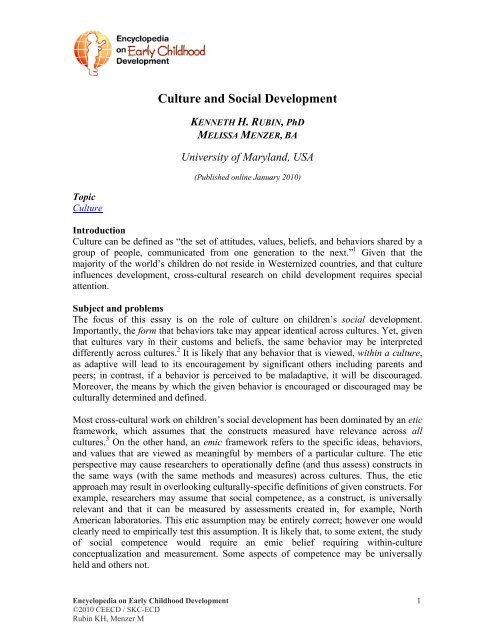 Culture and social development - Encyclopedia on Early Childhood ...