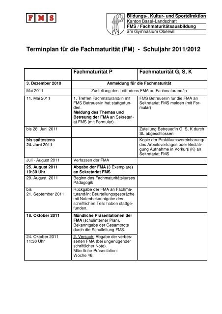 Terminplan für die Fachmaturität (FM ... - Gymnasium Oberwil