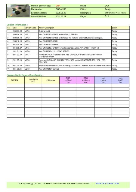 Version Information : Custom-Made Design Specification