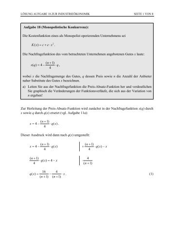 Aufgabe 18 (Monopolistische Konkurrenz): Die Kostenfunktion eines ...