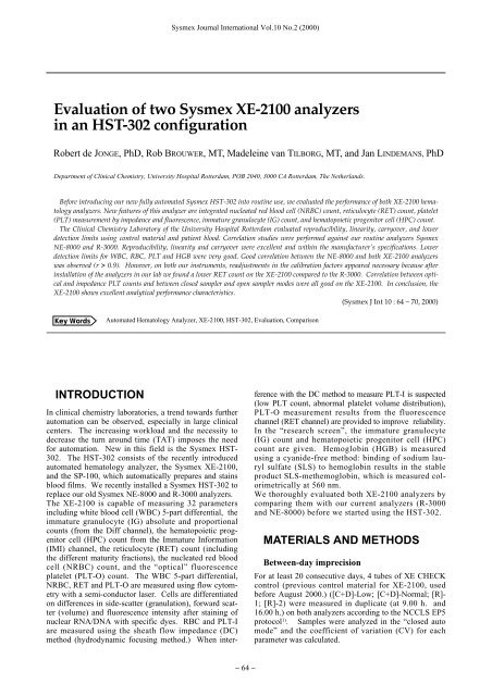 Evaluation of two Sysmex XE-2100 analyzers in an HST-302 ...