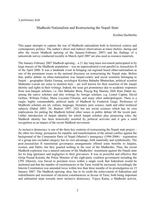 Madheshi Nationalism and Restructuring the Nepali State