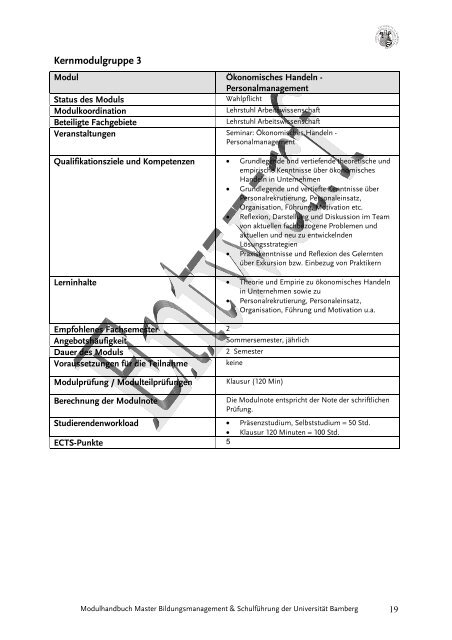 Personalentwicklung/ Personalmanagement 20 ECTS