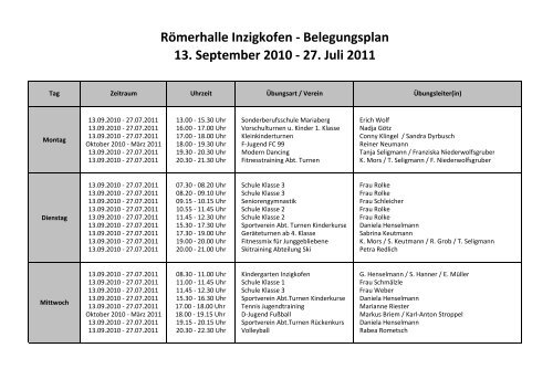 Belegungsplan RÃ¶merhalle September 2010 - Juli 2011 - Inzigkofen