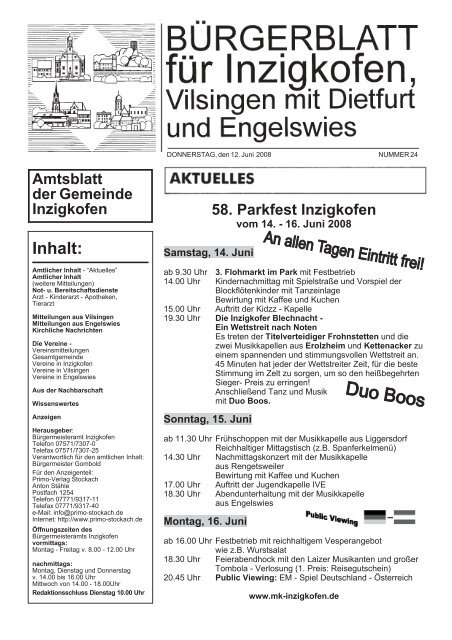 Amtsblatt der Gemeinde Inzigkofen Inhalt