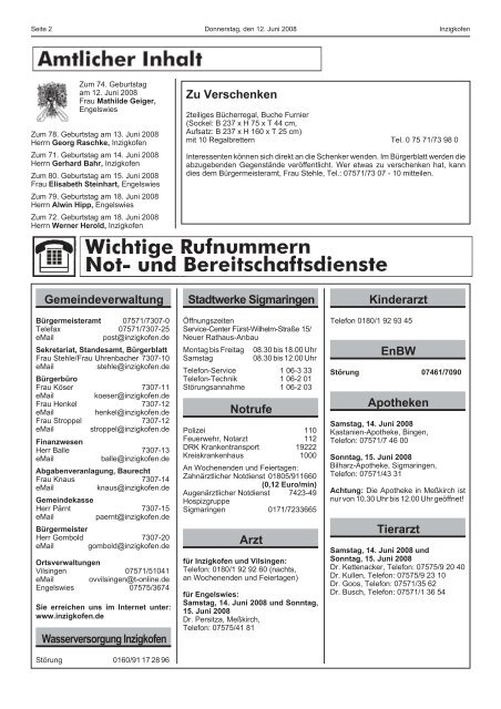 Amtsblatt der Gemeinde Inzigkofen Inhalt