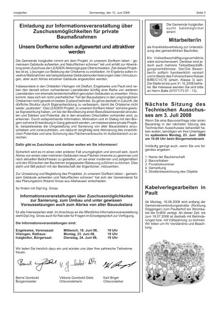 Amtsblatt der Gemeinde Inzigkofen Inhalt