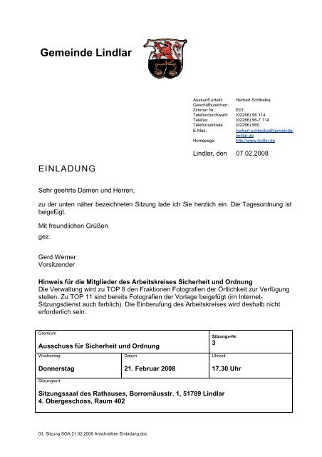 Sitzungsvorlage - Gemeinde Lindlar