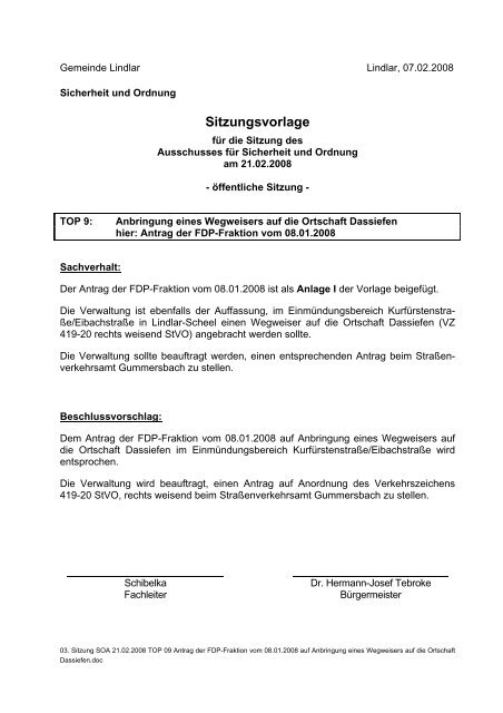 Sitzungsvorlage - Gemeinde Lindlar